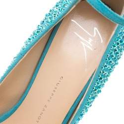 مملوكة مسبقًا حذاء كعب عالي جوسيبي زانوتي سويدي أزرق مزخرف كريستال بلا كعب نعل سميك مقاس 37