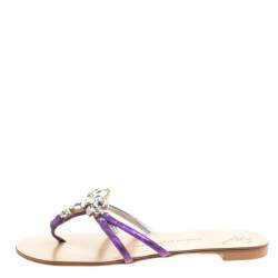 Pre Owned Giuseppe Zanotti Purple Leather Crystal Embellished Flat Sandals Size 36