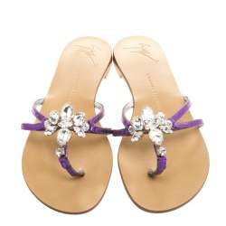 Pre Owned Giuseppe Zanotti Purple Leather Crystal Embellished Flat Sandals Size 36