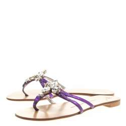 Pre Owned Giuseppe Zanotti Purple Leather Crystal Embellished Flat Sandals Size 36