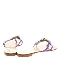 Pre Owned Giuseppe Zanotti Purple Leather Crystal Embellished Flat Sandals Size 36
