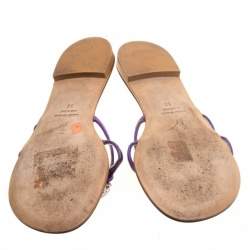 Pre Owned Giuseppe Zanotti Purple Leather Crystal Embellished Flat Sandals Size 36