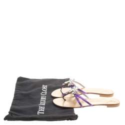 Pre Owned Giuseppe Zanotti Purple Leather Crystal Embellished Flat Sandals Size 36