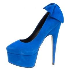 Pre Owned حذاء كعب عالي جوسيبي زانوتي نعل سميك فيونكة دبرا سويدي أزرق مقاس 38