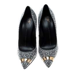 Pre Owned Giuseppe Zanotti Black Crystal Embellished Suede Ester Pointed Toe Pumps Size 37