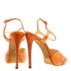 Pre Owned Giuseppe Zanotti Orange Python Embossed Leather Cross Strap Sandals Size 39