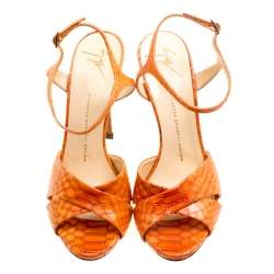 Pre Owned Giuseppe Zanotti Orange Python Embossed Leather Cross Strap Sandals Size 39
