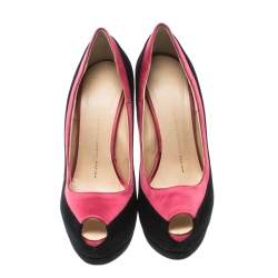Giuseppe Zanotti Black/Pink Suede and Satin Peep Toe Platform Pumps Size 38