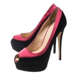 Giuseppe Zanotti Black/Pink Suede and Satin Peep Toe Platform Pumps Size 38
