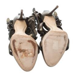Pre Owned Giuseppe Zanotti Olive Green Leather Argent Metal Wing Embellished Strappy Sandals Size 37