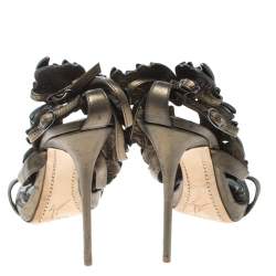 Pre Owned Giuseppe Zanotti Olive Green Leather Argent Metal Wing Embellished Strappy Sandals Size 37