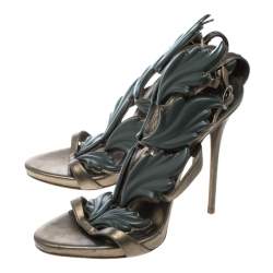 Pre Owned Giuseppe Zanotti Olive Green Leather Argent Metal Wing Embellished Strappy Sandals Size 37