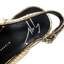 Pre Owned Giuseppe Zanotti Metallic Gold Python Embossed Leather Peep Toe Platform Slingback Sandals Size 36.5