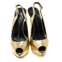 Pre Owned Giuseppe Zanotti Metallic Gold Python Embossed Leather Peep Toe Platform Slingback Sandals Size 36.5