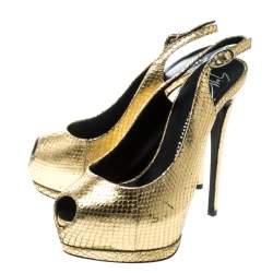 Pre Owned Giuseppe Zanotti Metallic Gold Python Embossed Leather Peep Toe Platform Slingback Sandals Size 36.5