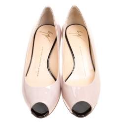 مملوكة مسبقًا Giuseppe Zanotti Beige Patent Leather Wedge Heel Peep Toe Pumps Size 38
