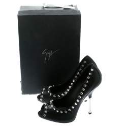 Pre Owned حذاء كعب عالي جوسيبي زانوتي مقدمة مفتوحة حواف مرصعة جلد أسود مقاس 38