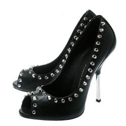 Pre Owned حذاء كعب عالي جوسيبي زانوتي مقدمة مفتوحة حواف مرصعة جلد أسود مقاس 38