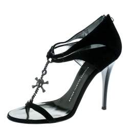 Giuseppe Zanotti Black Suede Skull Embellished T Strap Sandals Size 38