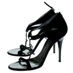 Giuseppe Zanotti Black Suede Skull Embellished T Strap Sandals Size 38