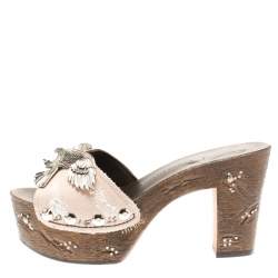 Pre Owned Giuseppe Zanotti Light Pink Canvas Eagle Embellished Saboot Platform Slides Size 38.5