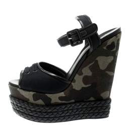 Giuseppe Zanotti Black Canvas And Leather Camouflage Platform Wedge Sandals Size 40