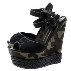 Giuseppe Zanotti Black Canvas And Leather Camouflage Platform Wedge Sandals Size 40