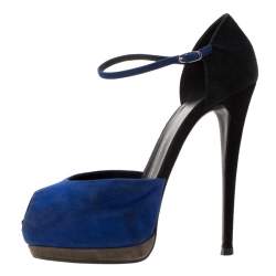 Giuseppe Zanotti Blue/Black Suede Peep Toe Ankle Strap Platform Sandals Size 39