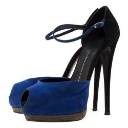 Giuseppe Zanotti Blue/Black Suede Peep Toe Ankle Strap Platform Sandals Size 39