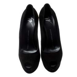 Pre Owned حذاء كعب عالي جوسيبي زانوتي شارون سويدي أسود مقدمة مفتوحة نعل سميك مقاس 37