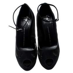 Pre Owned Giuseppe Zanotti Black Suede Cut Out Detail Peep Toe Ankle Strap Platform Pumps Size 38