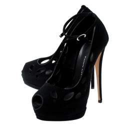 Pre Owned Giuseppe Zanotti Black Suede Cut Out Detail Peep Toe Ankle Strap Platform Pumps Size 38