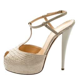 Giuseppe Zanotti Beige Python Embossed Leather T Strap Platform Sandals Size 39