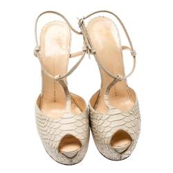 Giuseppe Zanotti Beige Python Embossed Leather T Strap Platform Sandals Size 39