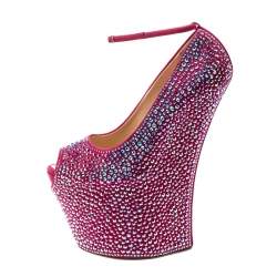 مملوكة مسبقًا حذاء كعب عالي جوسيبي زانوتي سويدي وردي مزخرف كريستال بلا كعب مقدمة مفتوحة نعل سميك مقاس 39