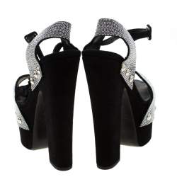 Pre Owned Giuseppe Zanotti Black Crystal Embellished Suede Platform Ankle Strap Sandals Size 39.5