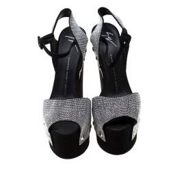 Pre Owned Giuseppe Zanotti Black Crystal Embellished Suede Platform Ankle Strap Sandals Size 39.5
