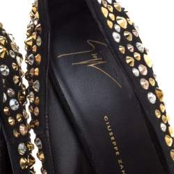 مملوكة مسبقًا Giuseppe Zanotti Black Suede Crystal Embellished Exaggerated Wedge Platform Pumps Size 36.5
