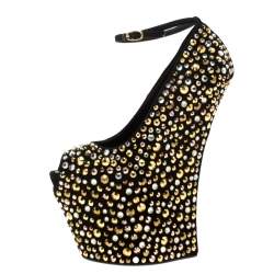 مملوكة مسبقًا Giuseppe Zanotti Black Suede Crystal Embellished Exaggerated Wedge Platform Pumps Size 36.5