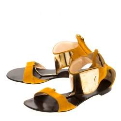 Pre Owned Giuseppe Zanotti Yellow Suede Chain T Strap Ankle Cuff Flats Sandals Size 37