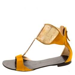 Pre Owned Giuseppe Zanotti Yellow Suede Chain T Strap Ankle Cuff Flats Sandals Size 37