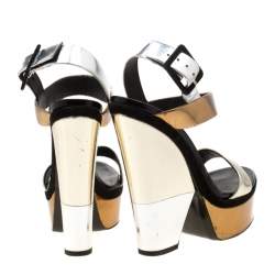 Pre Owned Giuseppe Zanotti Metallic Gold And Silver Leather Platform Wedge Strappy Sandals Size 40