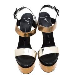 Pre Owned Giuseppe Zanotti Metallic Gold And Silver Leather Platform Wedge Strappy Sandals Size 40