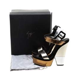 Pre Owned Giuseppe Zanotti Metallic Gold And Silver Leather Platform Wedge Strappy Sandals Size 40
