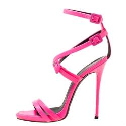 Pre Owned Giuseppe Zannotti Neon Pink Leather Criss Cross Ankle Strap Sandals Size 37