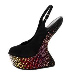 Pre Owned Giuseppe Zanotti Black Suede Embellished Sculpted Wedge Slingback Sandals Size 38