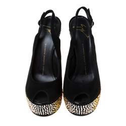 Pre Owned Giuseppe Zanotti Black Suede Embellished Sculpted Wedge Slingback Sandals Size 38