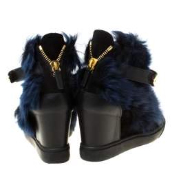 Pre Owned Giuseppe Zanotti Black/Blue Leather And Beaver Fur Lorenz High Top Wedge Sneakers Size 38.5