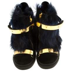 Pre Owned Giuseppe Zanotti Black/Blue Leather And Beaver Fur Lorenz High Top Wedge Sneakers Size 38.5