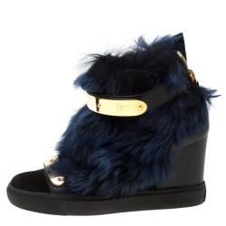 Pre Owned Giuseppe Zanotti Black/Blue Leather And Beaver Fur Lorenz High Top Wedge Sneakers Size 38.5